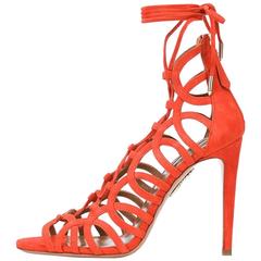 Aquazzura New Orange Suede Cut Out Lace Up Gladiator Heels Sandals in Box