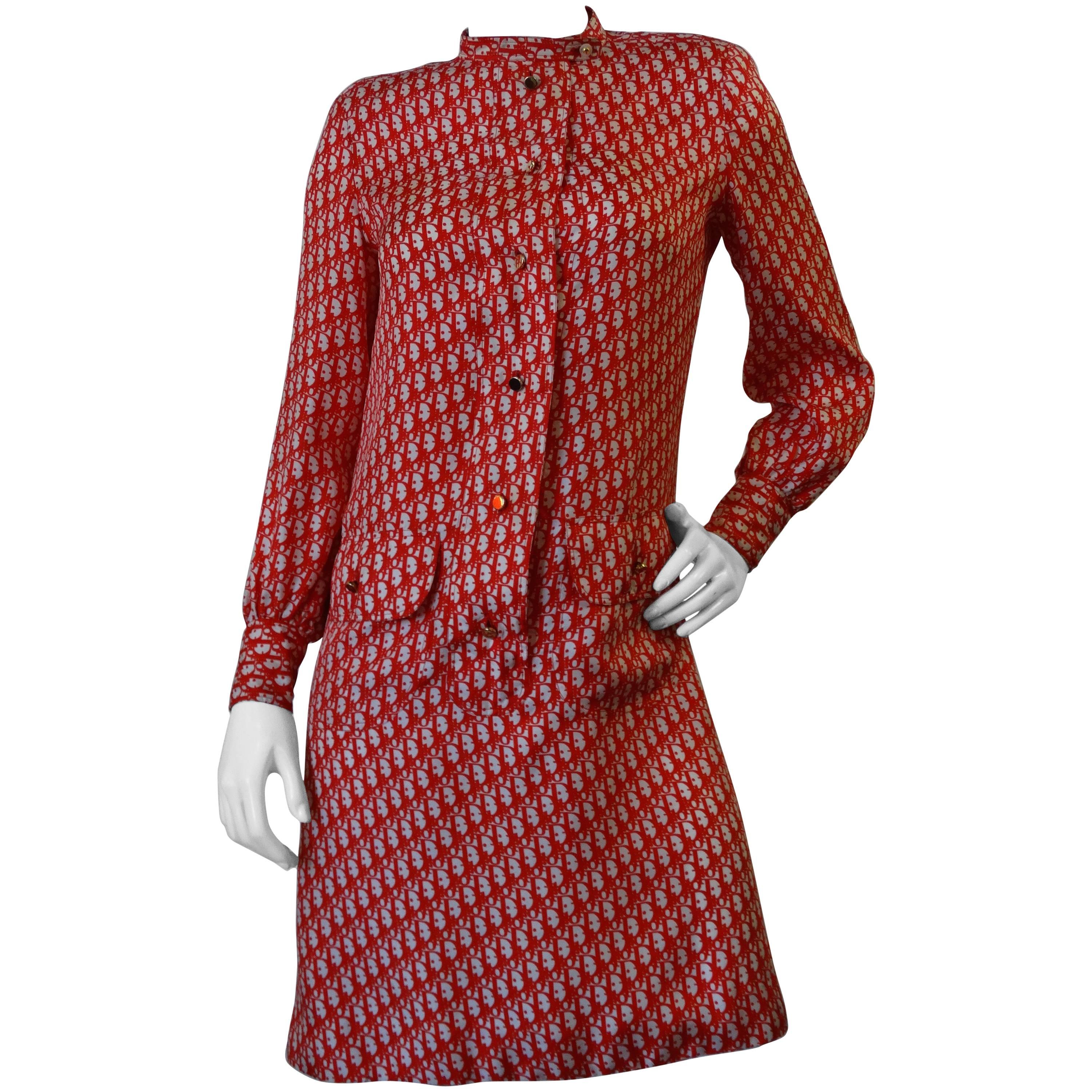 1980s Christian Dior Red Monogram Shift Dress