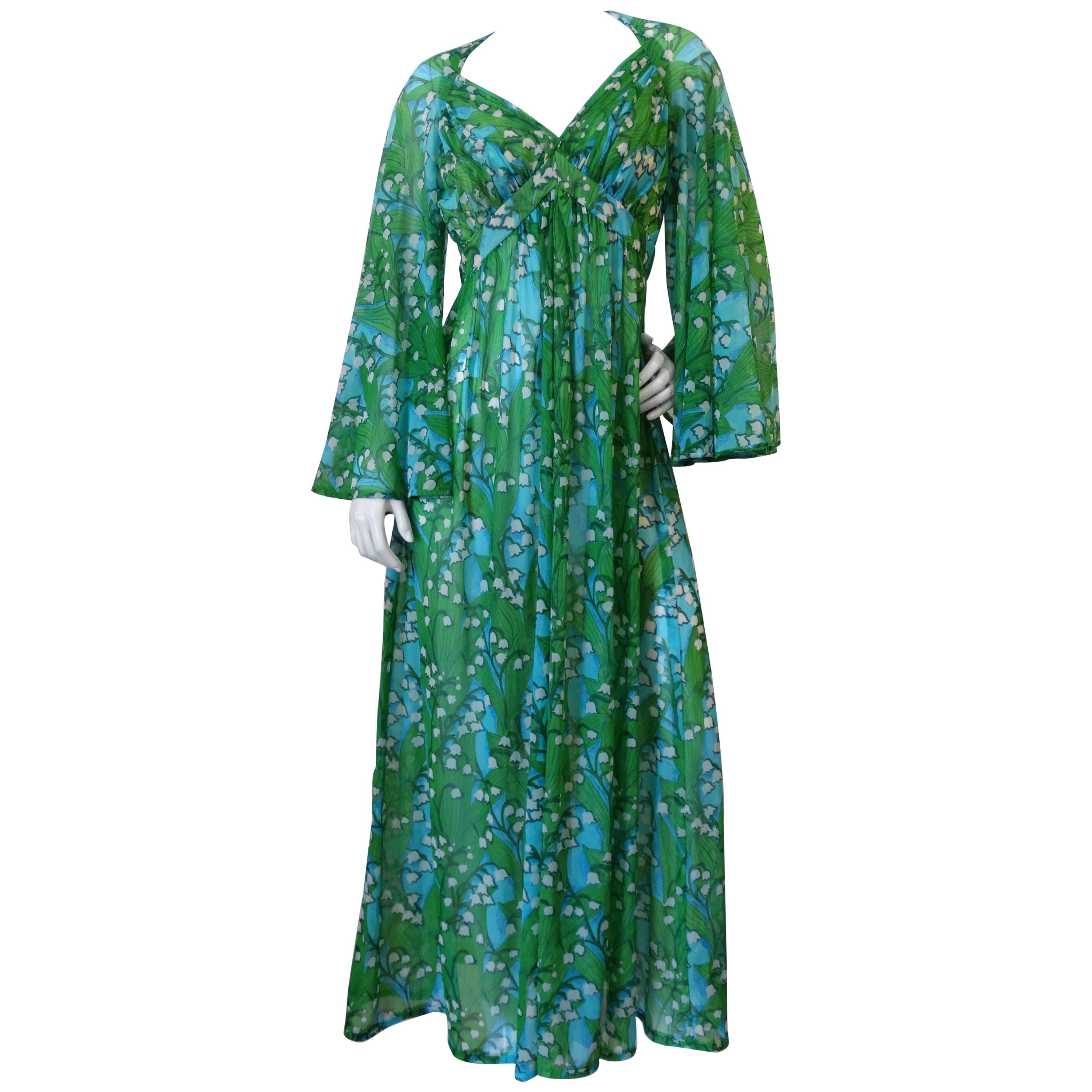 1970s Robert David Morton" Lily of the Valley" Sheer Dress with Bell Sleeves