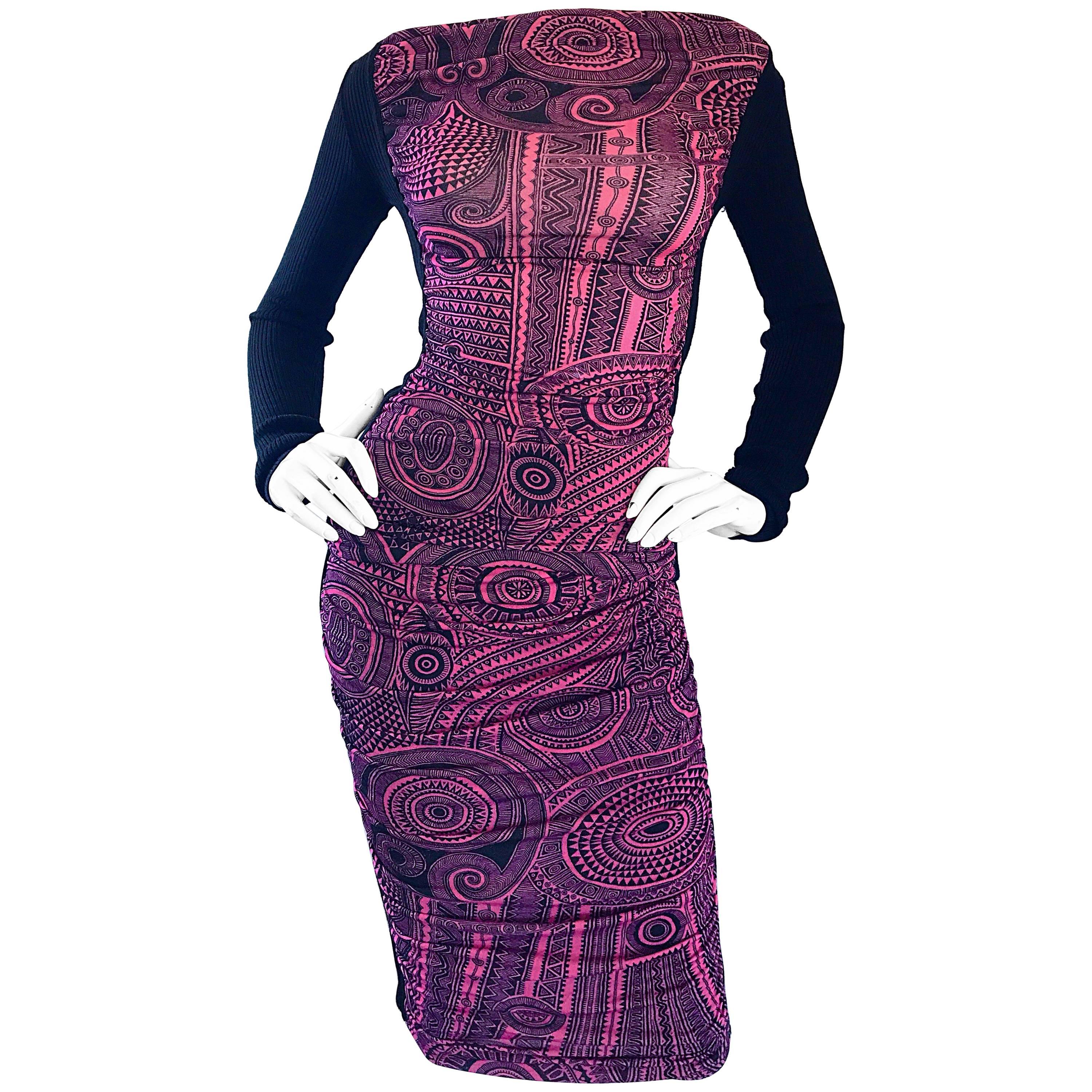 Jean Paul Gaultier Vintage 1990s Pink + Black Aztec Top & Skirt Dress Ensemble For Sale