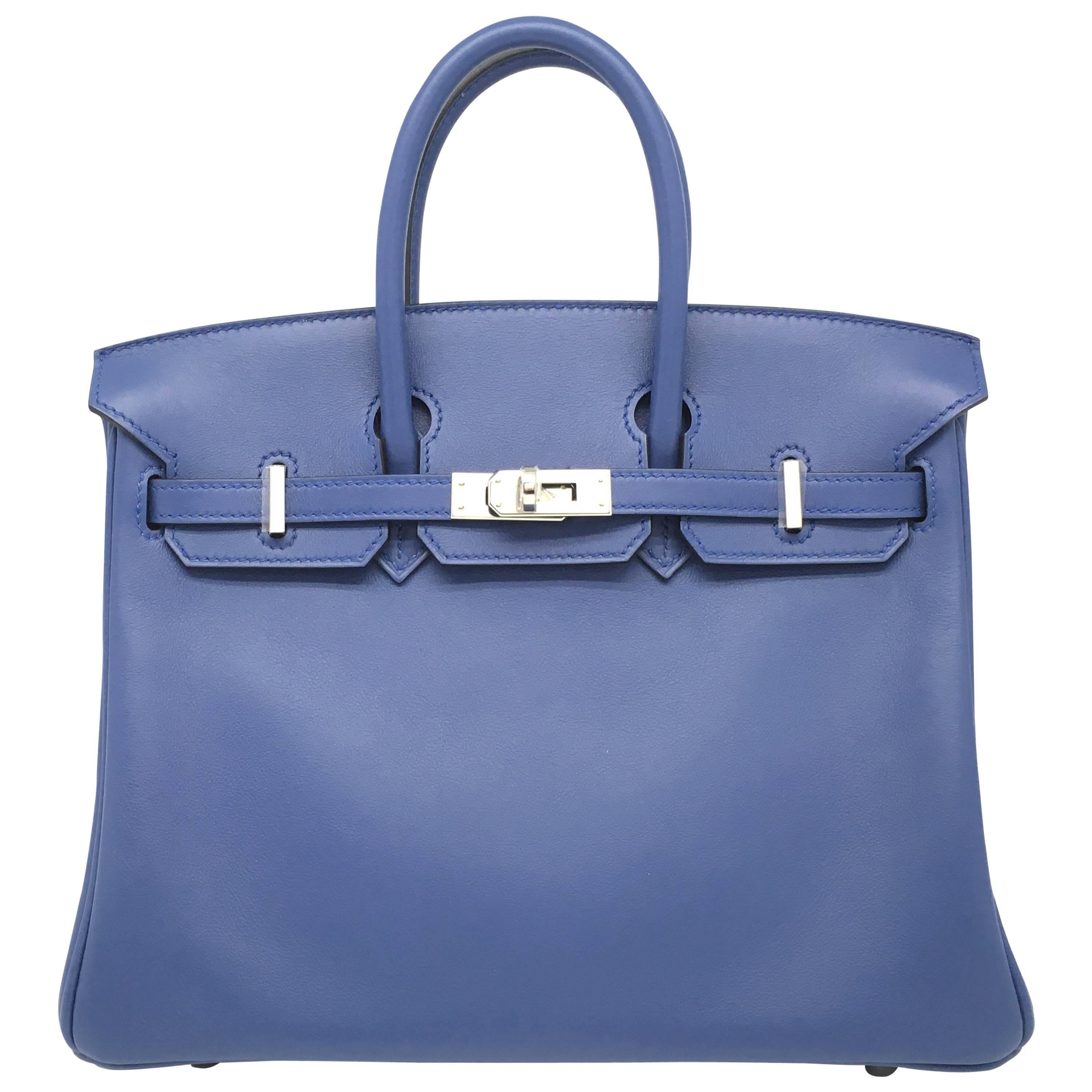 Hermes Birkin 25 Bleu Agate Blue Swift Leather Silver Metal Top Handle Bag For Sale