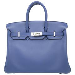 Hermes Birkin 25 Bleu Agate Blue Swift Leather Silver Metal Top Handle Bag