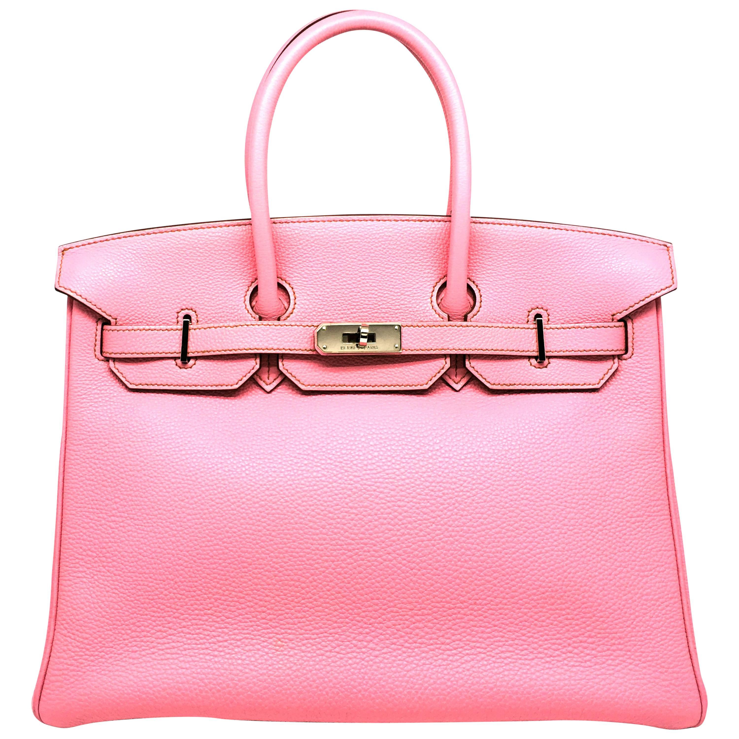 Hermes Birkin 35 Rose Shocking Pink Togo Leather Silver Metal Top Handle Bag