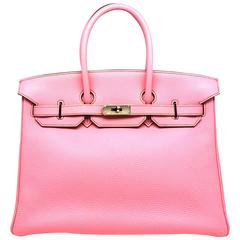 Hermes Birkin 35 Rose Shocking Pink Togo Leather Silver Metal Top Handle Bag