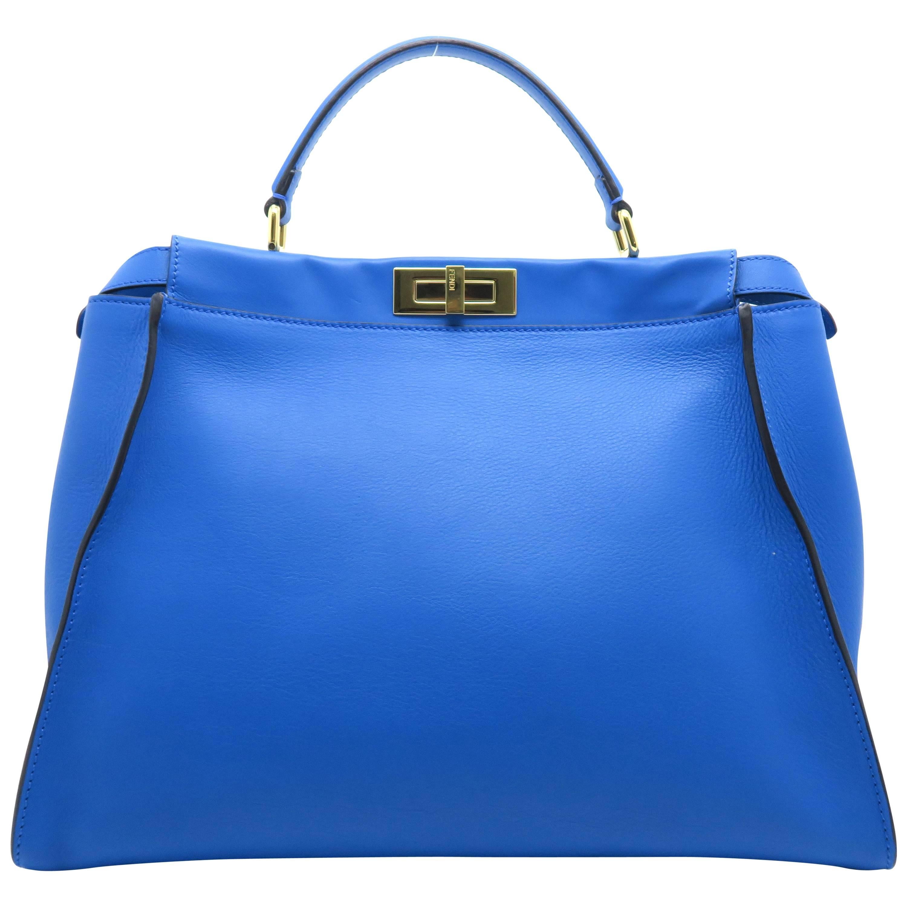 Fendi Peekaboo Blue Calfskin Leather Gold Metal Top Handle Bag