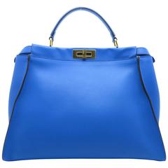 Fendi Peekaboo Blue Calfskin Leather Gold Metal Top Handle Bag 12