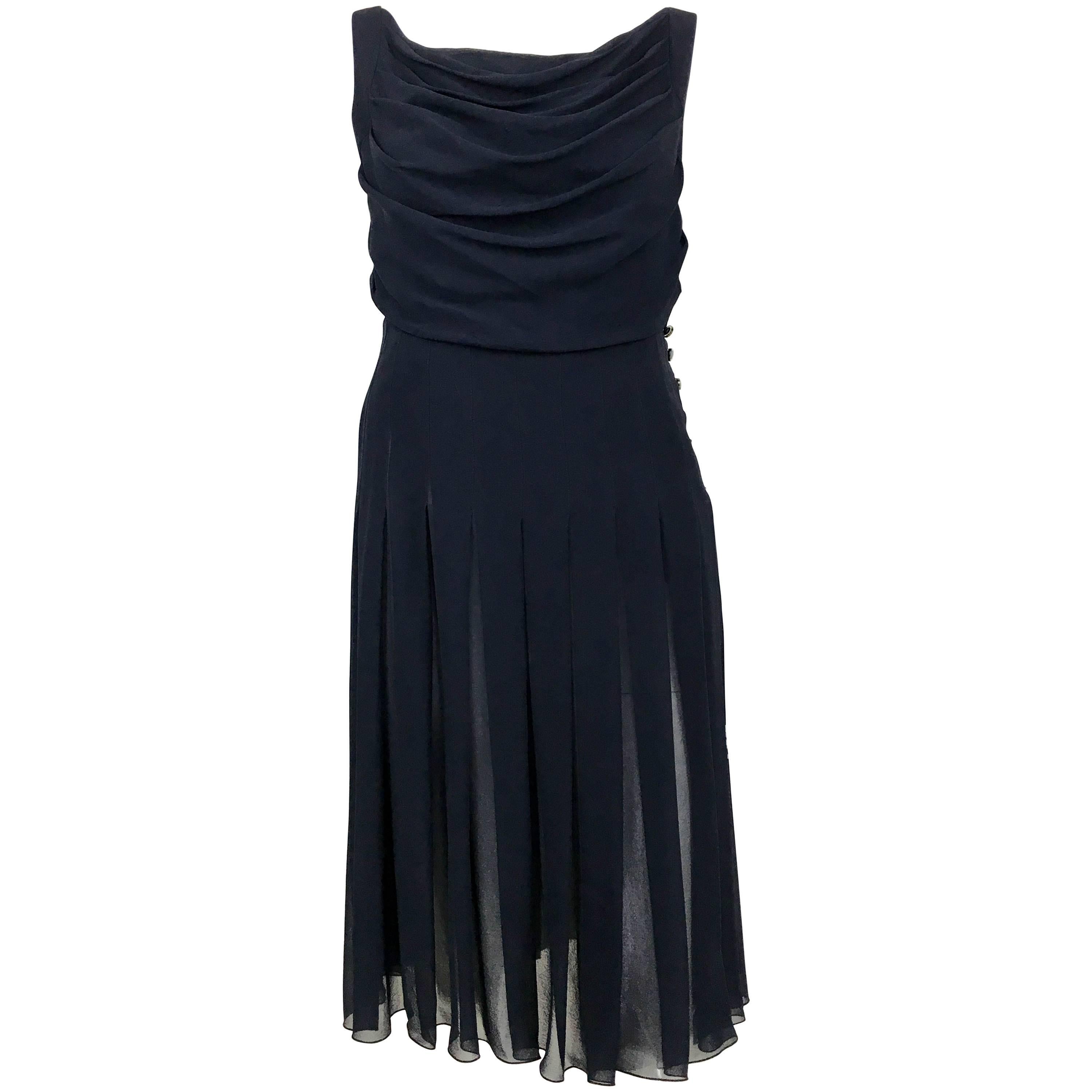Chanel Midnight Blue Silk Chiffon Draped and Pleated Dress, Circa 2000 For Sale