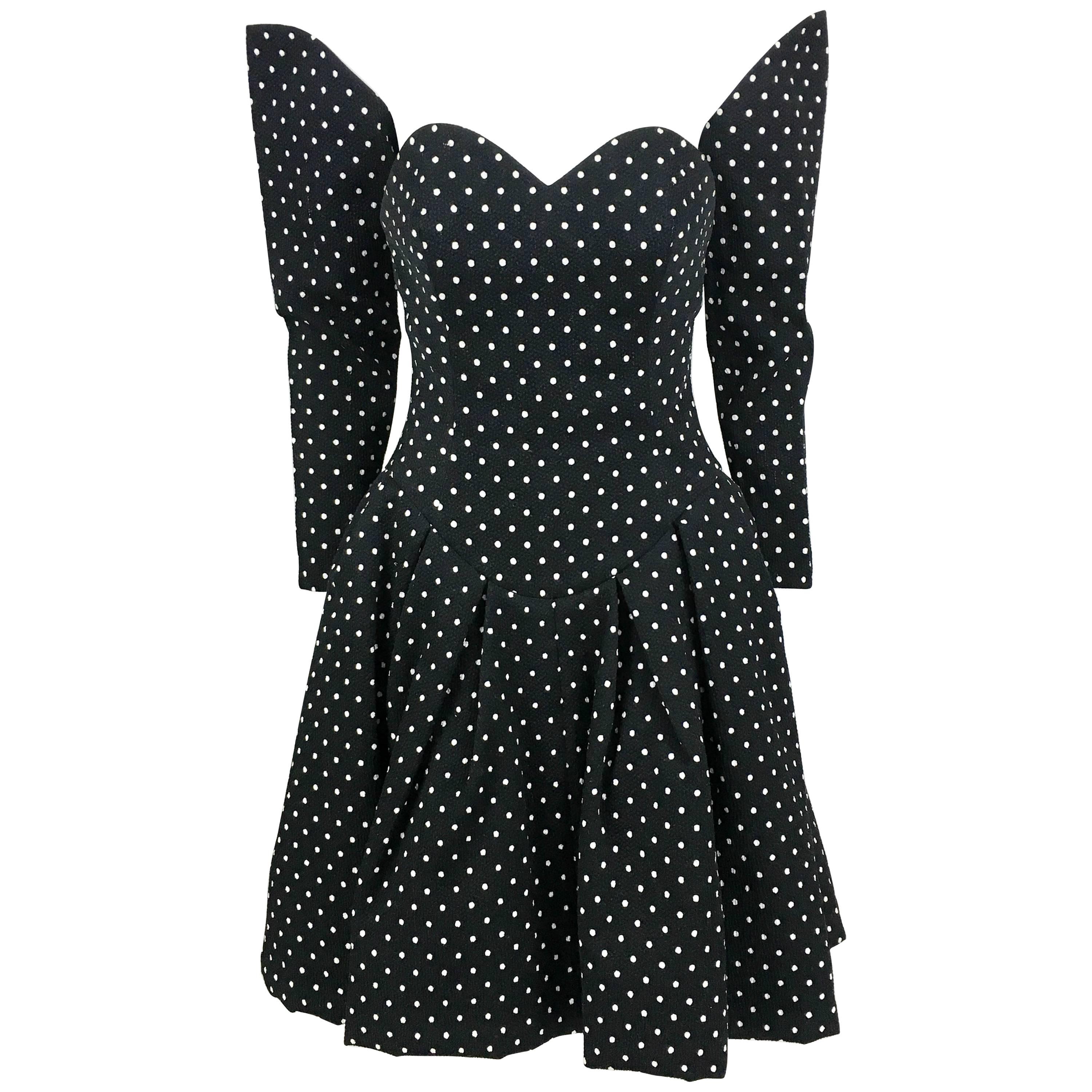 1980s Christian Lacroix Haute Couture Puffball Polka Dot Dress With Faux Sleeves For Sale