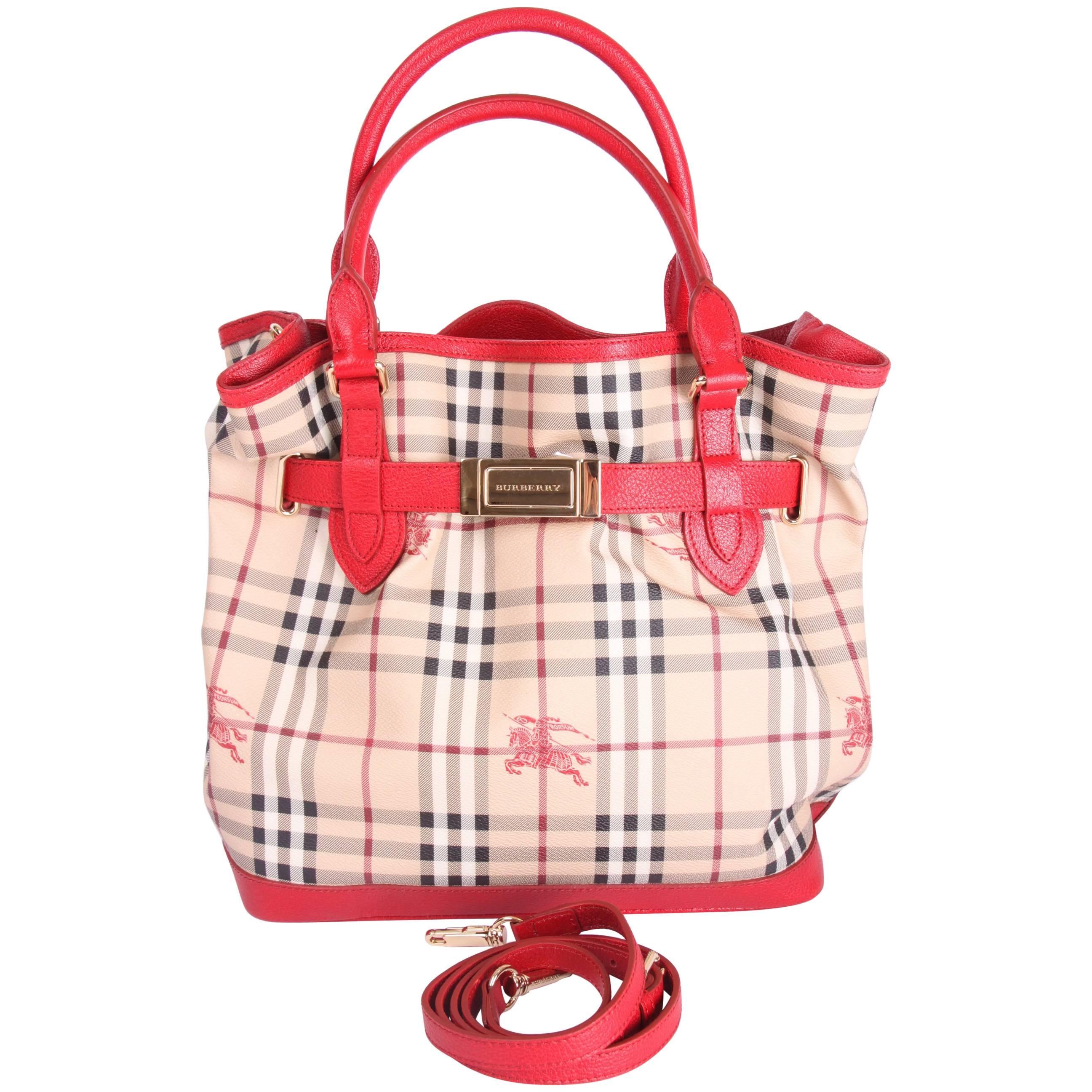Burberry Checkered Top Handle Bag - red/beige/black/white