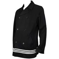 Helmut Lang Mens Black Peacoat With Nautical Stripes