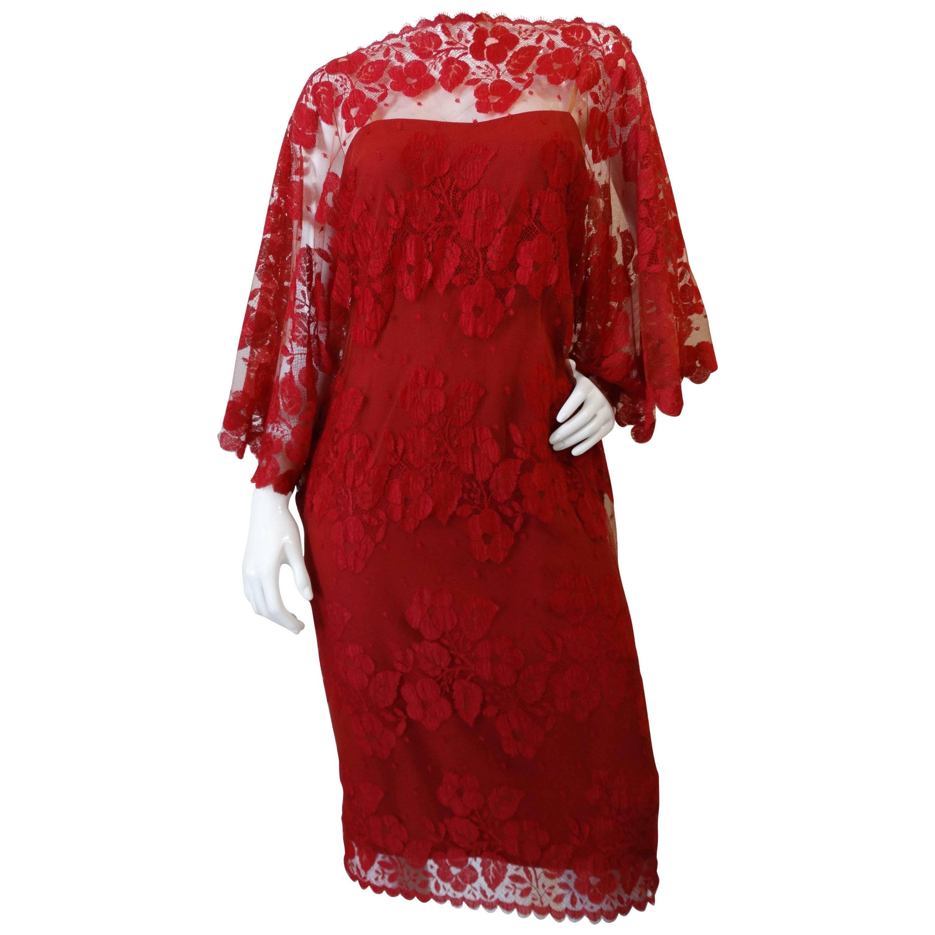 1960s Werle Beverly Hills Red Lace Evening Dress