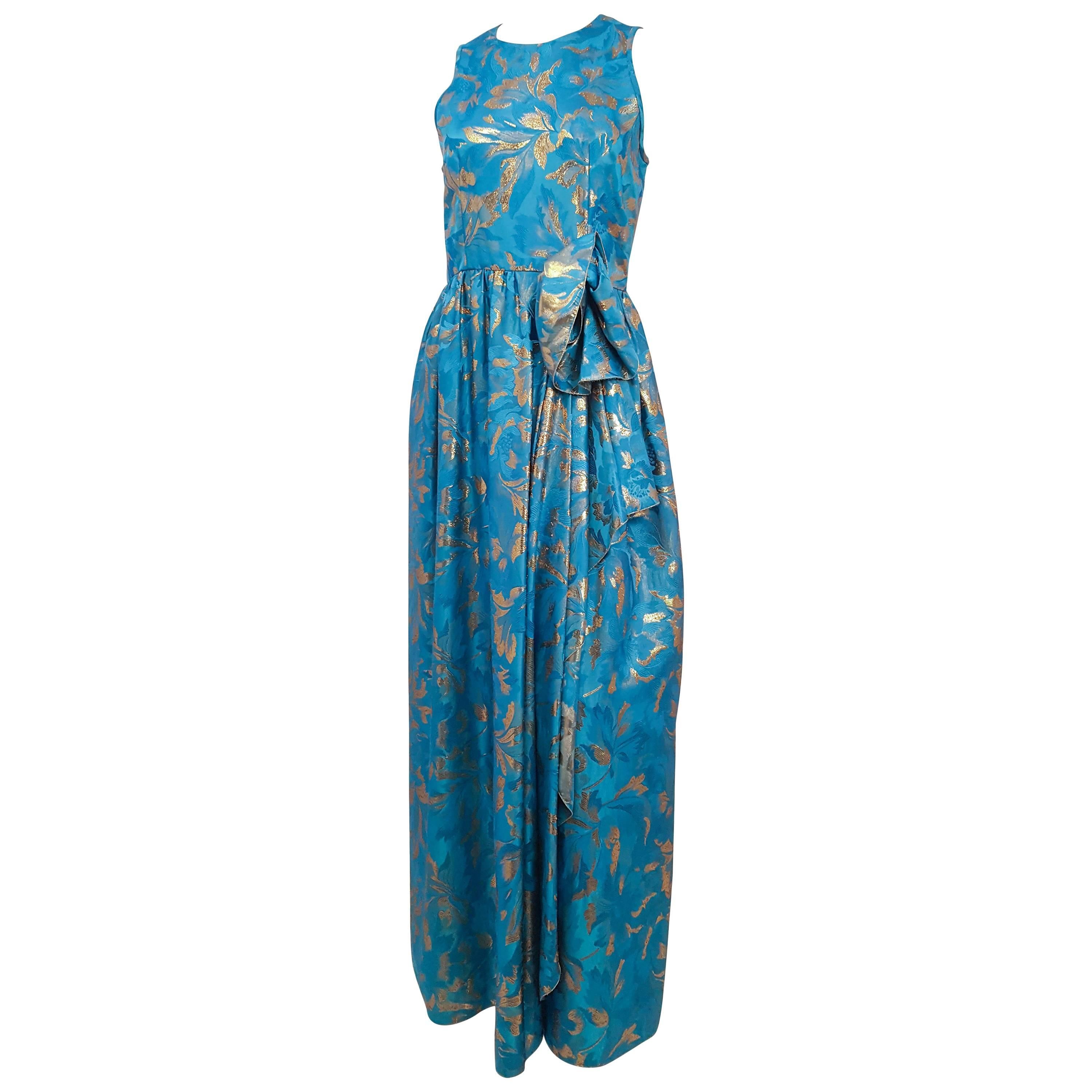 60s Richilene Blue Gown w/ Gold Lamé Threads For Sale