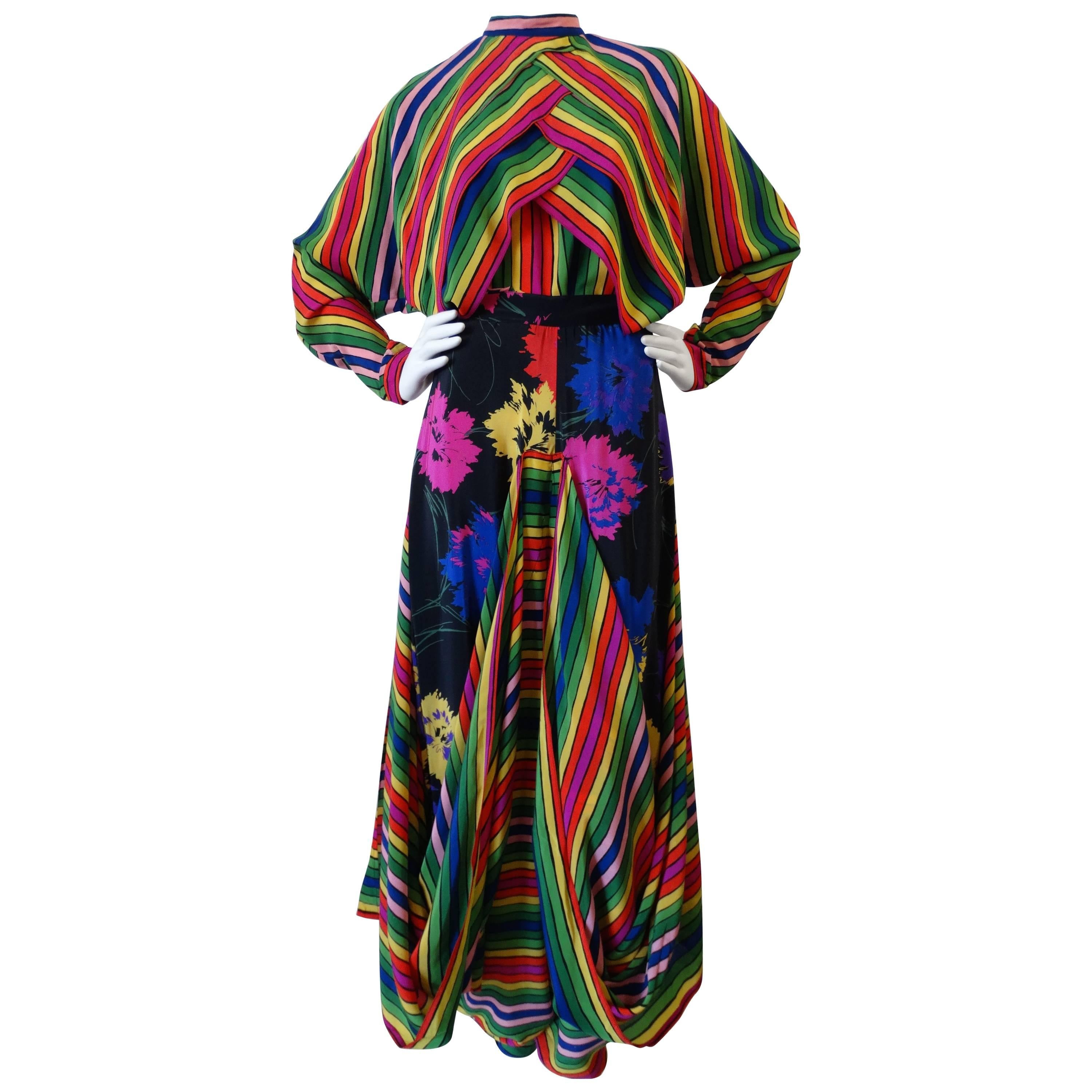 Rare 1980s Fong Leng Rainbow Floral Silk Pant Set 