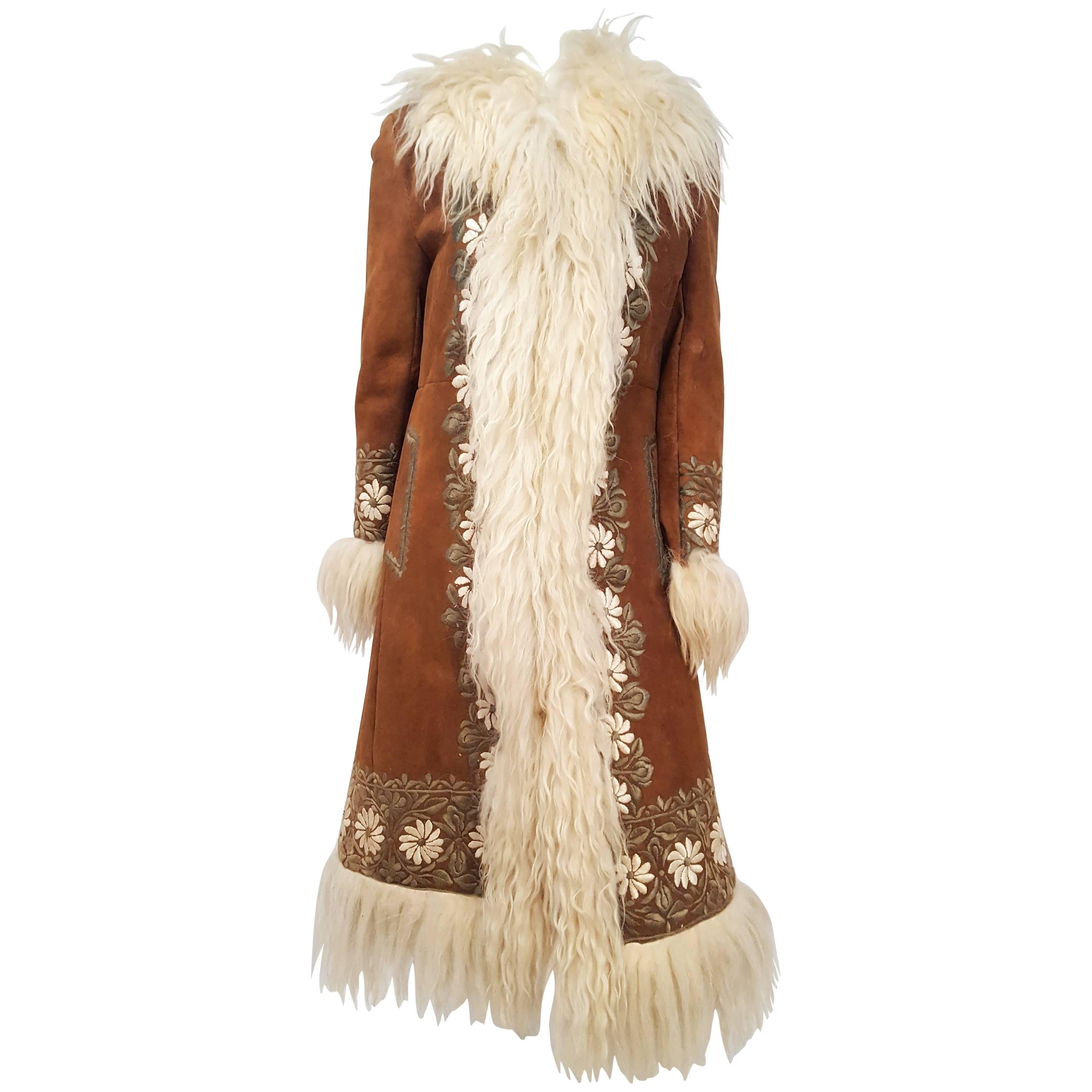 60s Summer of Love Mongolian Sheep Trimmed Suede Embroidered Coat
