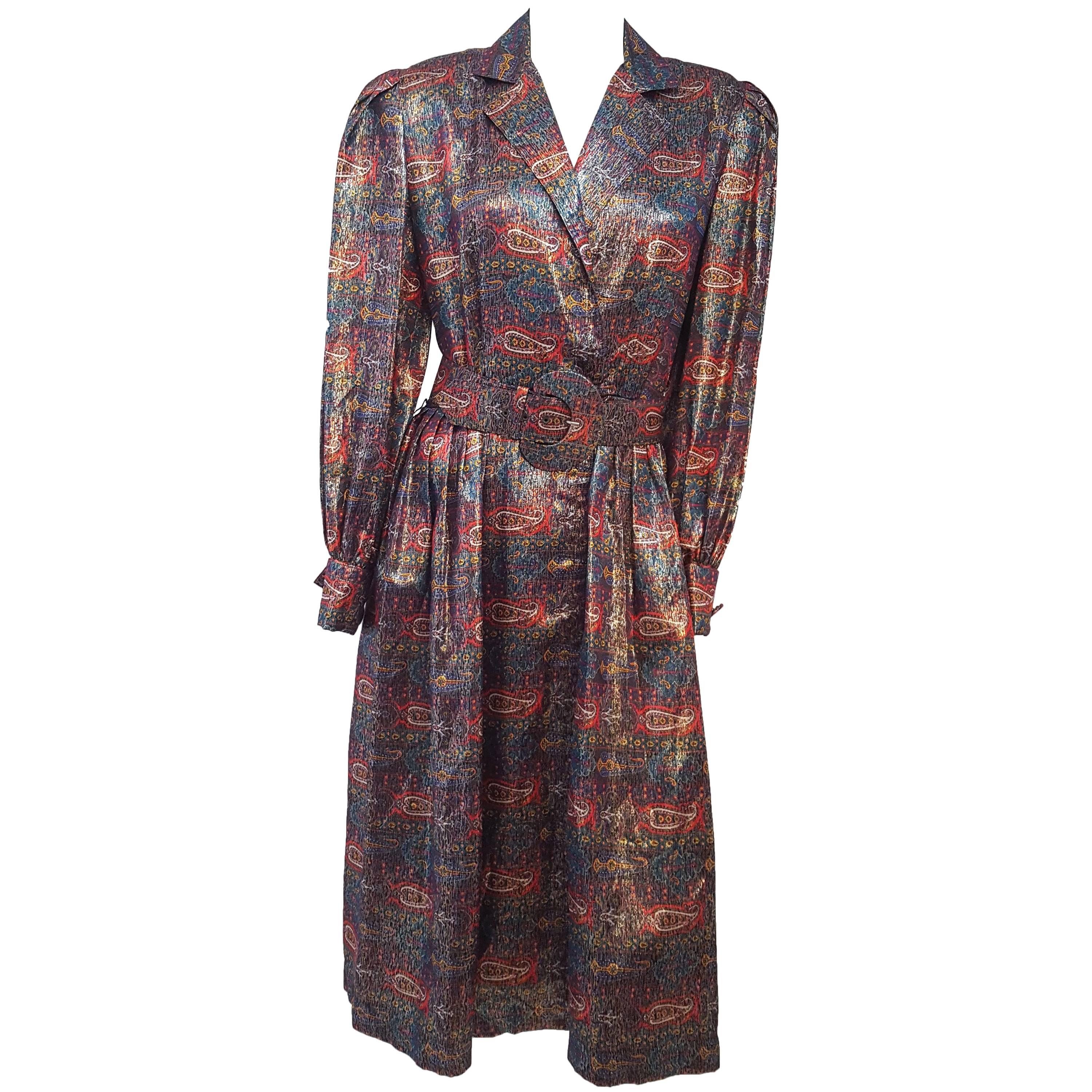 Adele Simpson - Robe à motif cachemire métallique, années 80 en vente