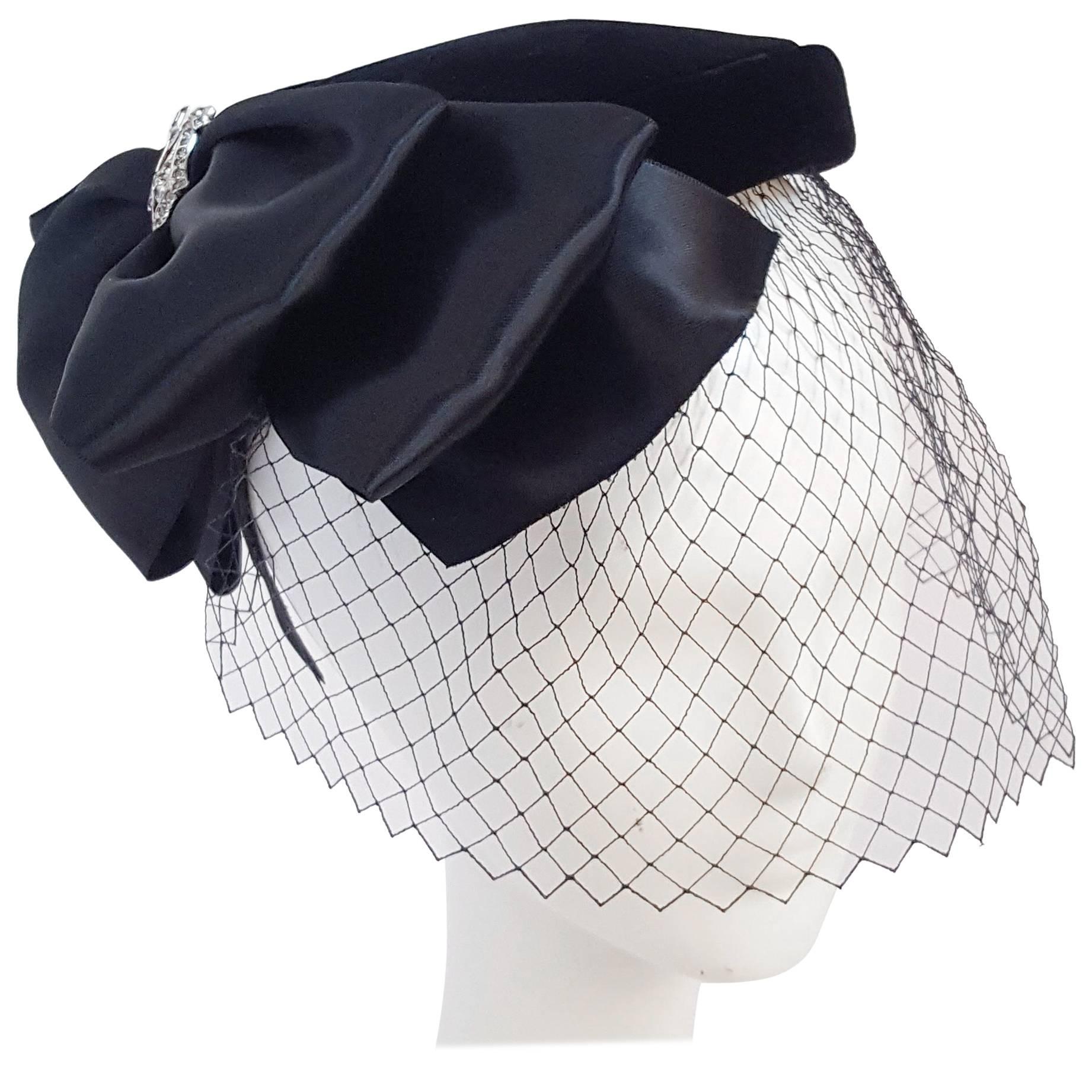 50s Black Velvet Hat w/ Veil & Satin Bow