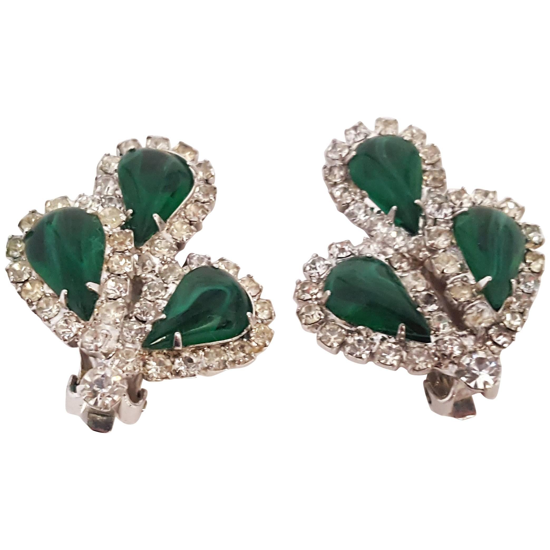 60s Weiss Rhinestone and Green Marbled Glass Earrings
