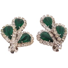 Vintage 60s Weiss Rhinestone and Green Marbled Glass Earrings