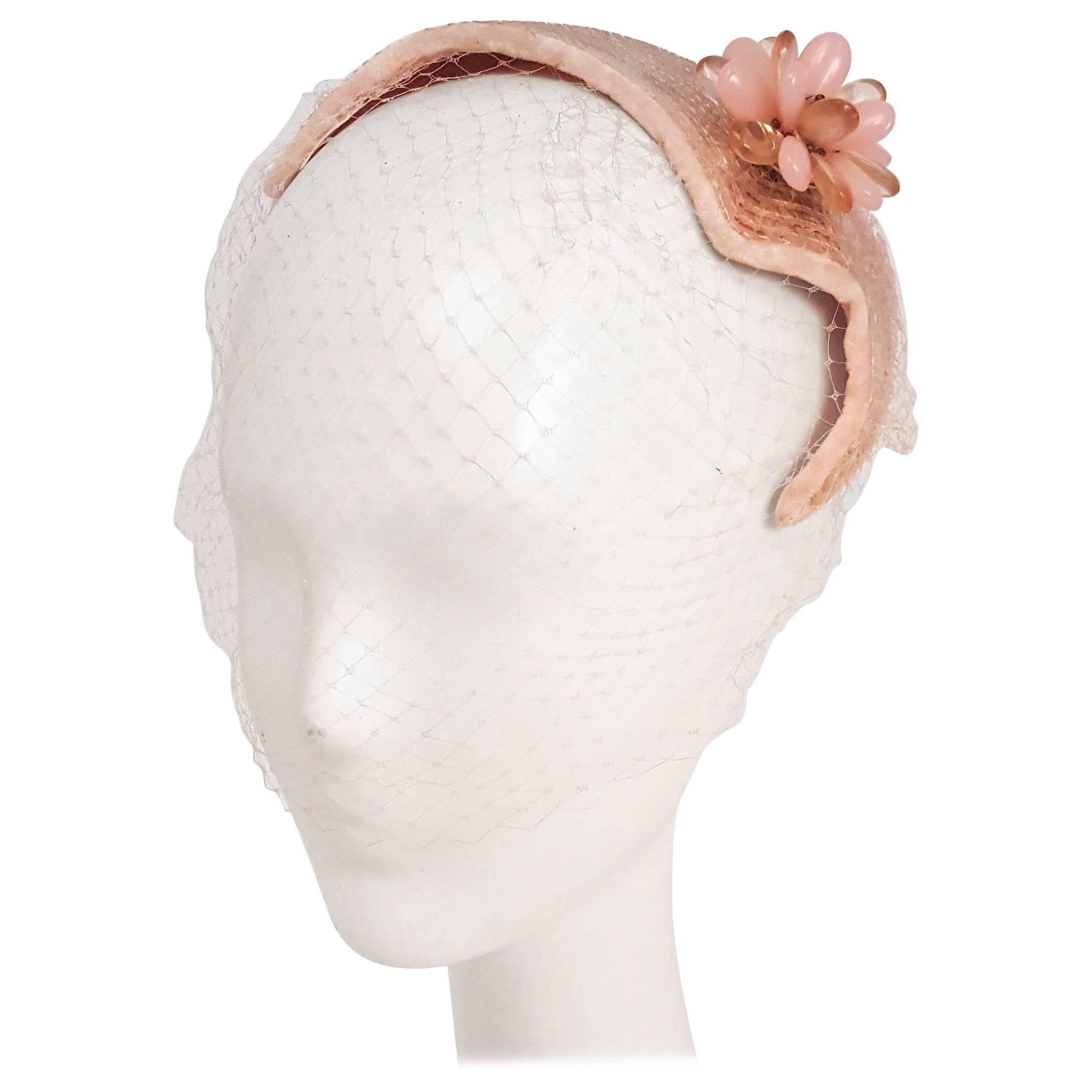 50s Iridescent Sequin Pink Hat w/ Veil & Flower