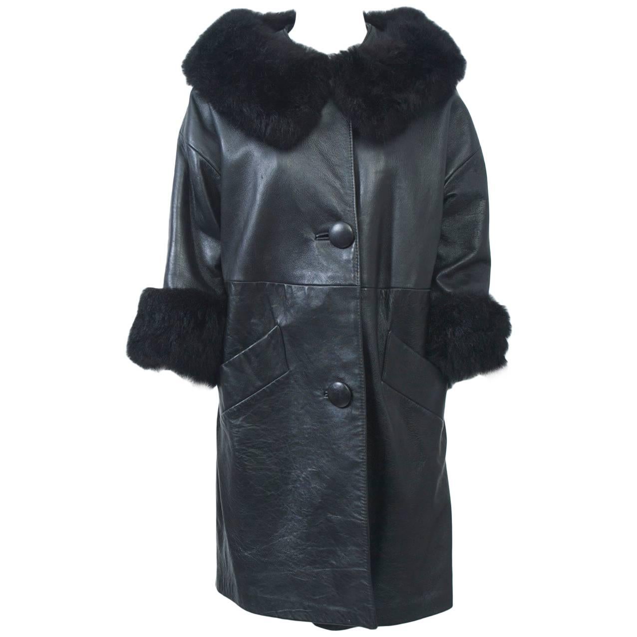 1960s Black Leather Fur-Trimmed coat