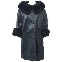 Vintage 1960s Black Leather Fur-Trimmed coat