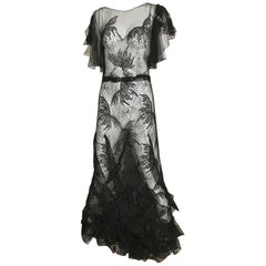 Vintage Black Lace Cobweb Gown with flutter sleeves, 1930s 