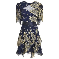 Retro Zandra Rhodes 1980s Blue and gold hand print silk cocktail dress