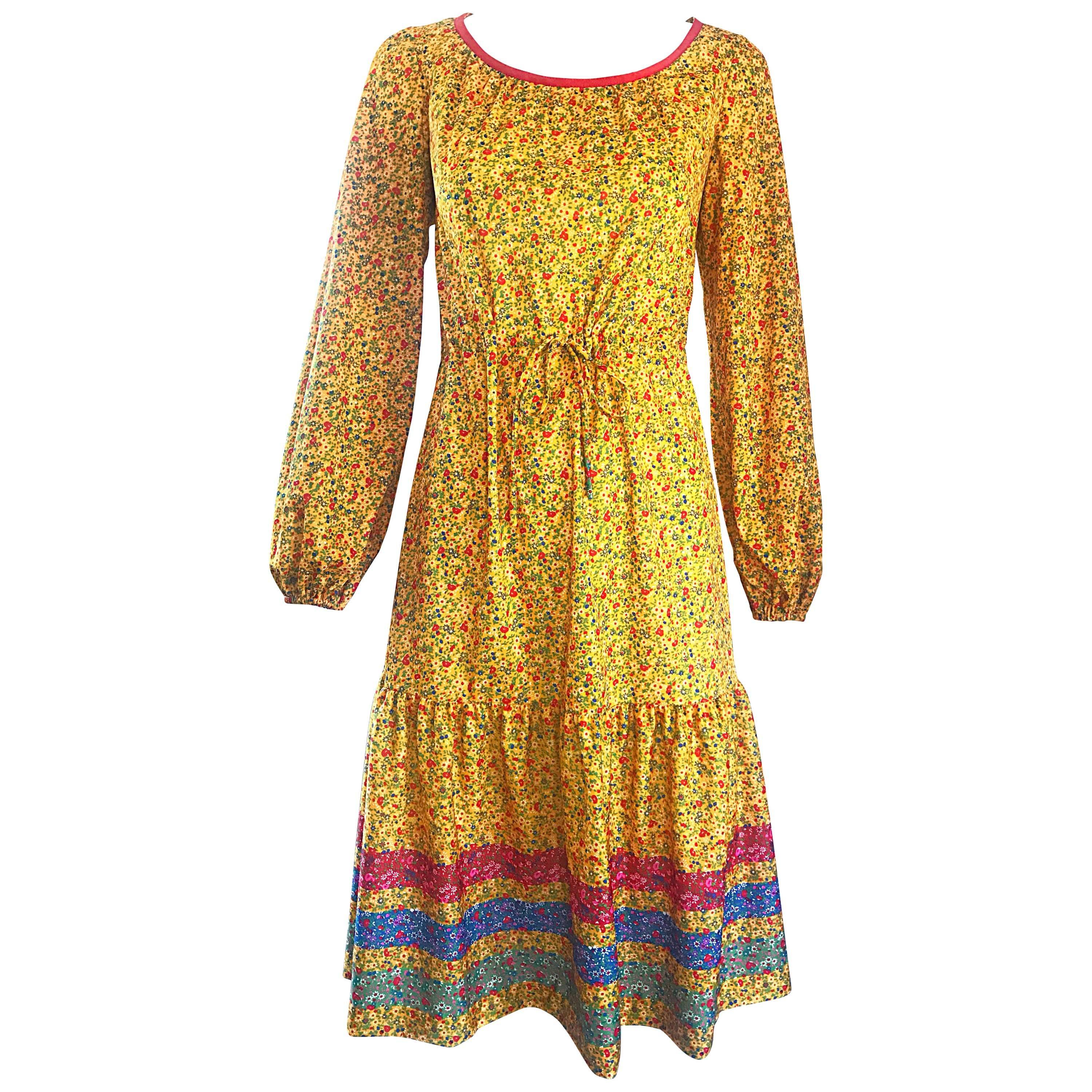 1970s Yellow Vintage Flower Print Striped Long Sleeve 70s Boho Prairie Dress
