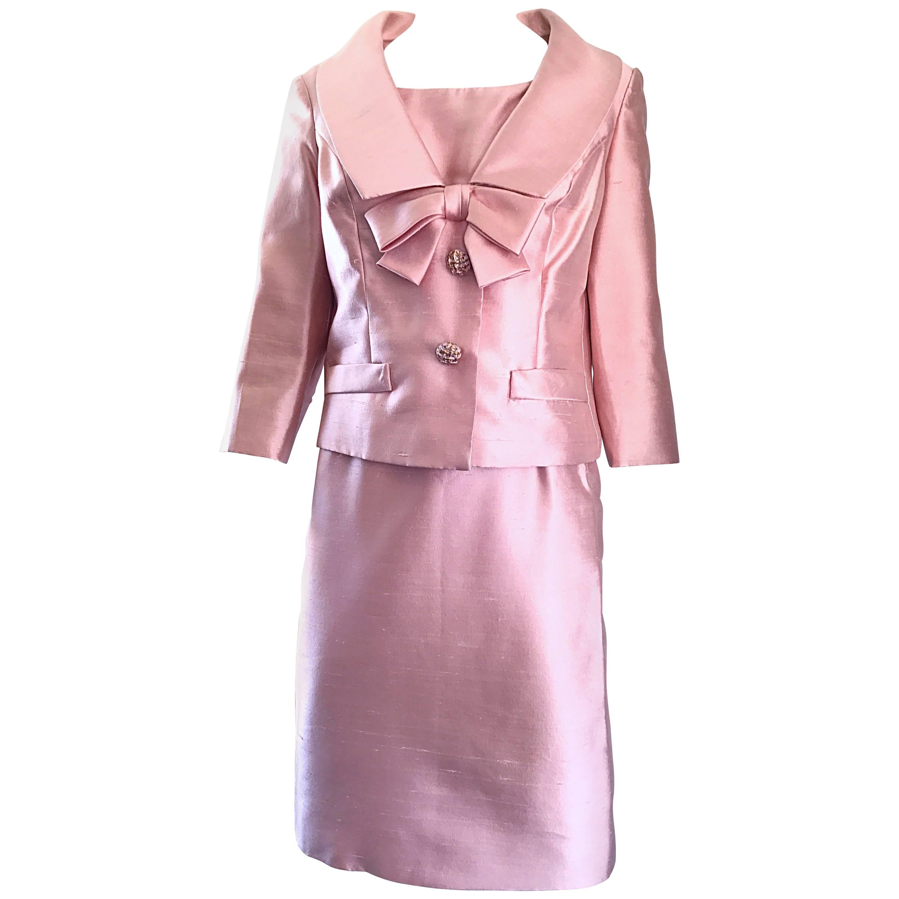 Gorgeous 1960s Demi Couture Pale Pink Silk Shantung Dress and Jacket Ensemble 