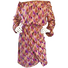 Nuevo Vestido boho de manga larga con estampado de mosaico de colores y hombros descubiertos de seda de Nina Ricci