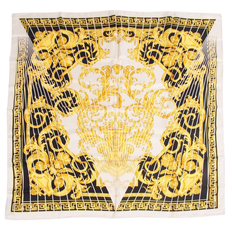Versace Silk Scarf Baroque Print - black/white/gold at 1stDibs