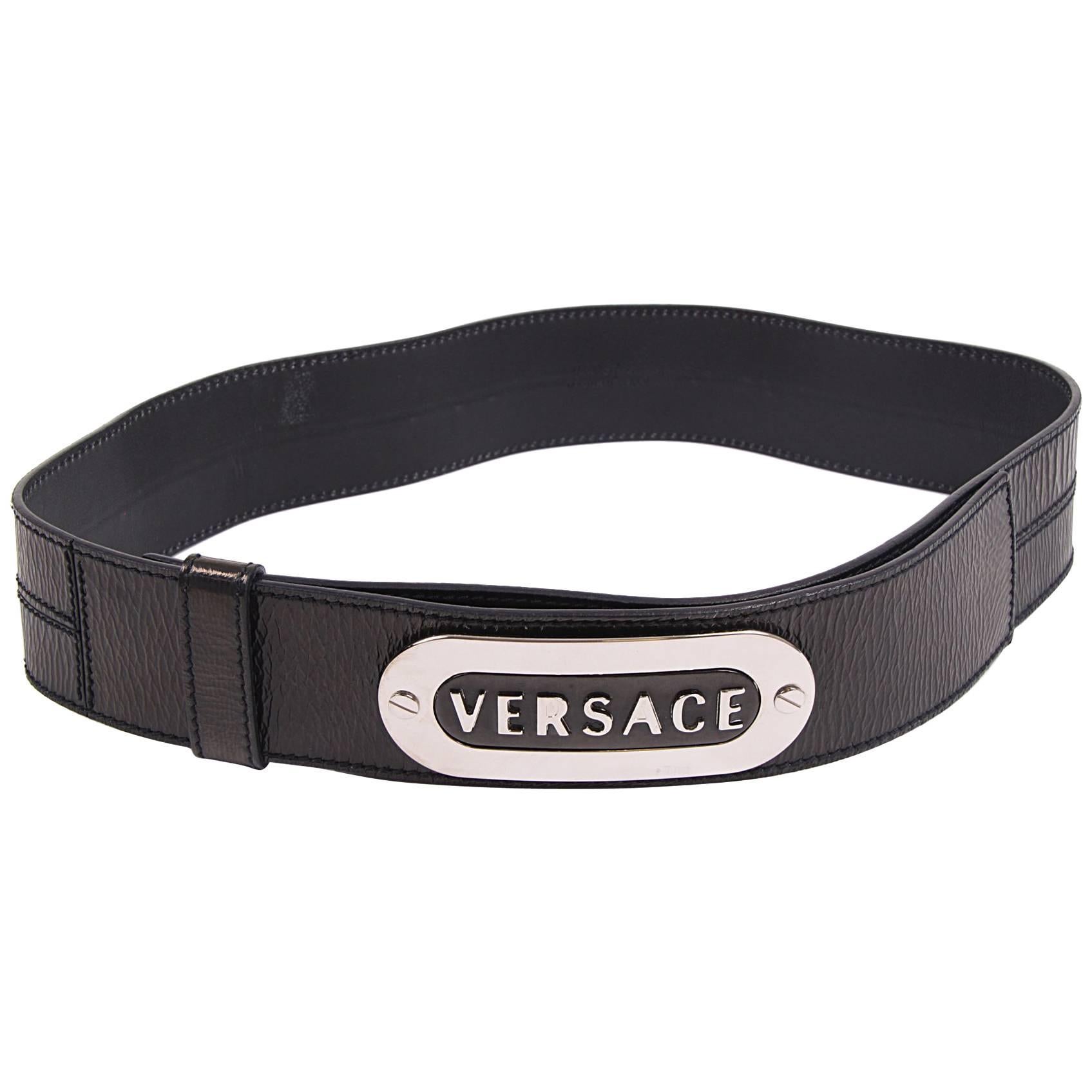Versace Crinkled Patent Leather Belt - black