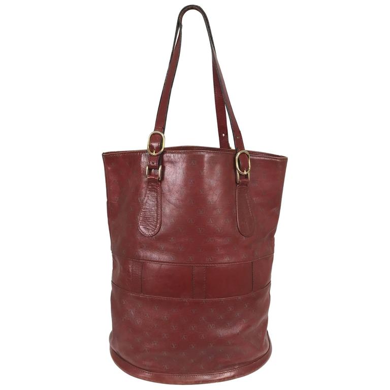 Vintage Valentino wine logo leather double handle bucket bag 1980s For