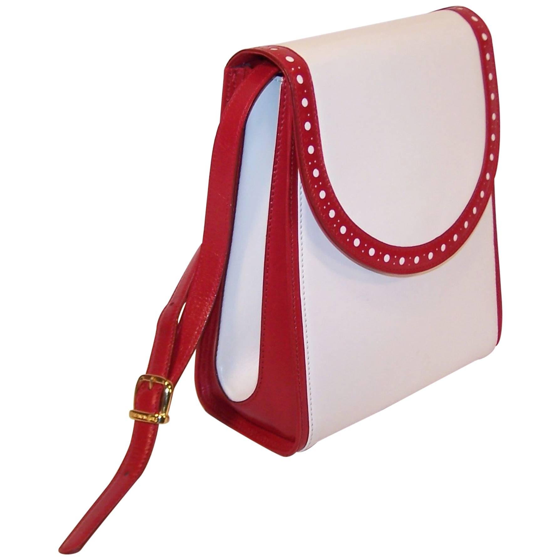 C.1980 Bruno Magli White & Cherry Red Leather Spectator Handbag