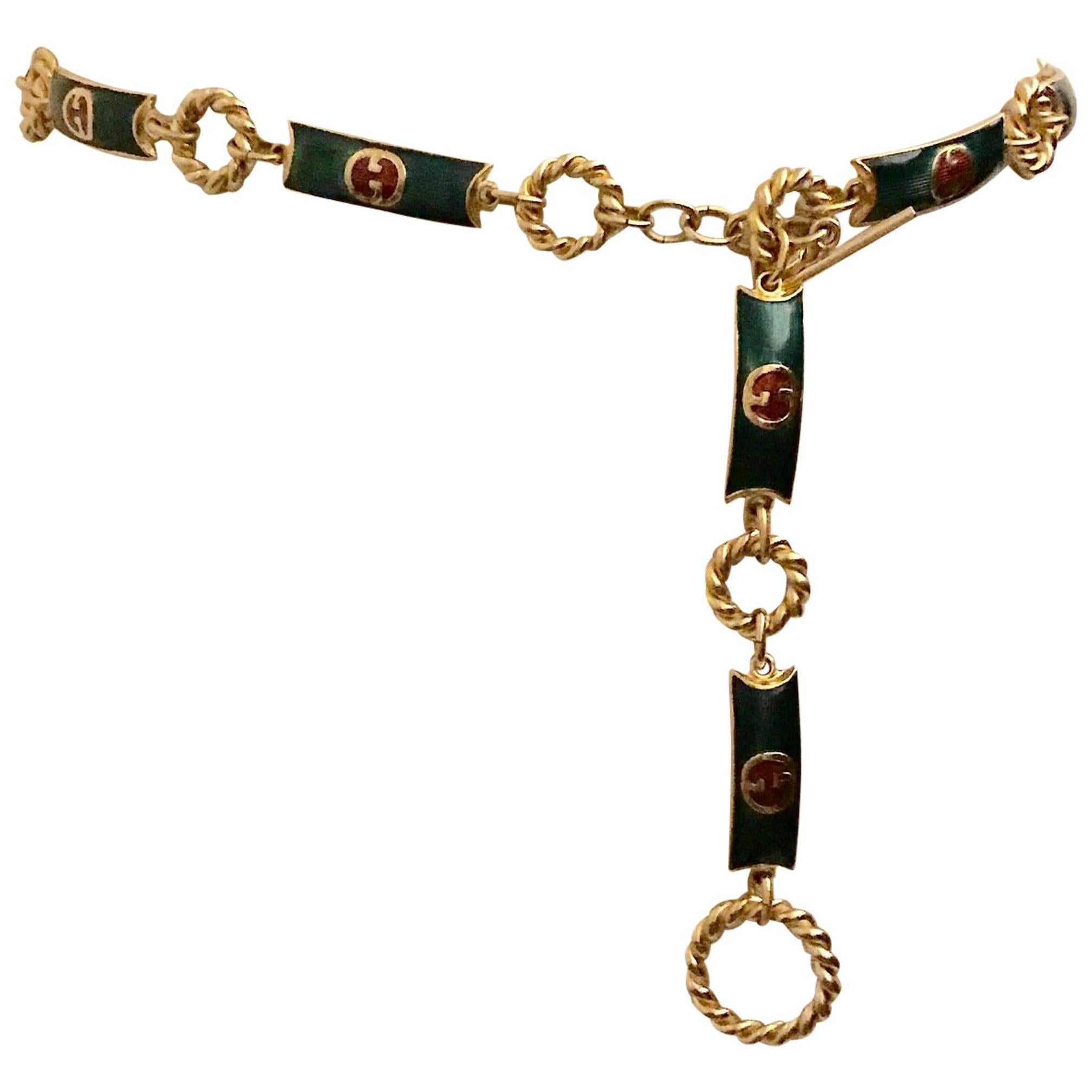 Gucci 1970s GG Logo Green and Red Enamel Gold Chain Toggle Belt or Necklace