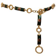 Retro Gucci 1970s GG Logo Green and Red Enamel Gold Chain Toggle Belt or Necklace