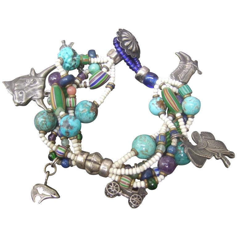 1stDibs - Semi Precious Sterling Western Theme Charm Bracelet CA 1980s Artisan Sterling Silver