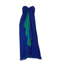 1970s Adele Simpson Blue Chiffon Dress w Green Ruffle 2