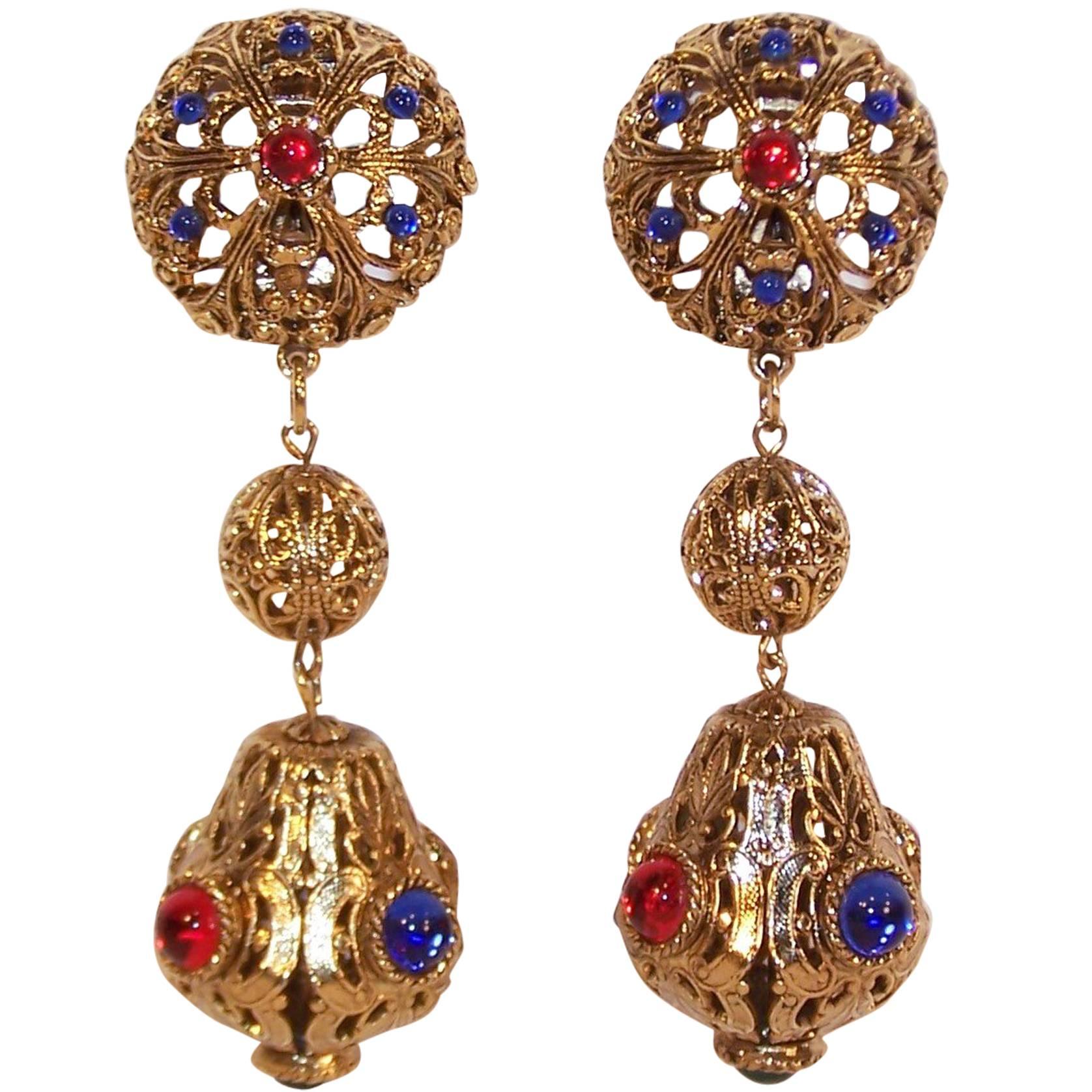 Exotic C.1980 Gem-Craft Filigree Drop Dangle Clip On Earrings With Cabochons
