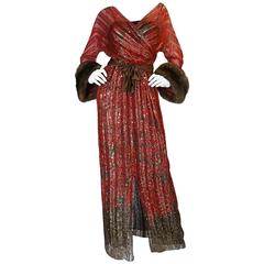 c1974-78 Bill Blass Couture Sable Cuff Silk, Sequin & Metallic Dress 2