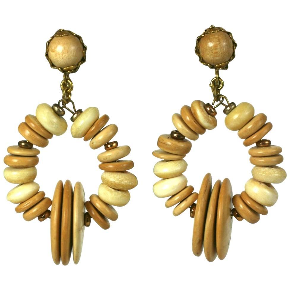 Miriam Haskell Beaded Wood Hoop Earrings For Sale