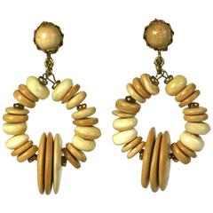 Vintage Miriam Haskell Beaded Wood Hoop Earrings