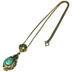 Vintage Hungarian Gilt Silver, Turquoise and Pearl Pendant