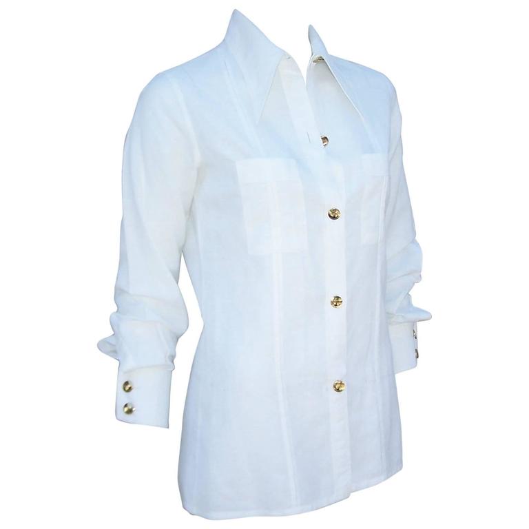 Crisp 1970's Gucci White Linen Shirt With Nautical Enamel Logo Buttons For Sale at 1stDibs