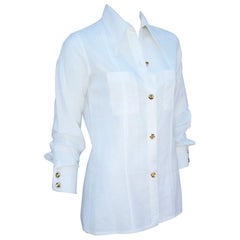 Crisp 1970's Gucci White Linen Shirt With Nautical Enamel Logo Buttons