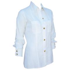 Crisp 1970's Gucci White Linen Shirt With Nautical Enamel Logo Buttons