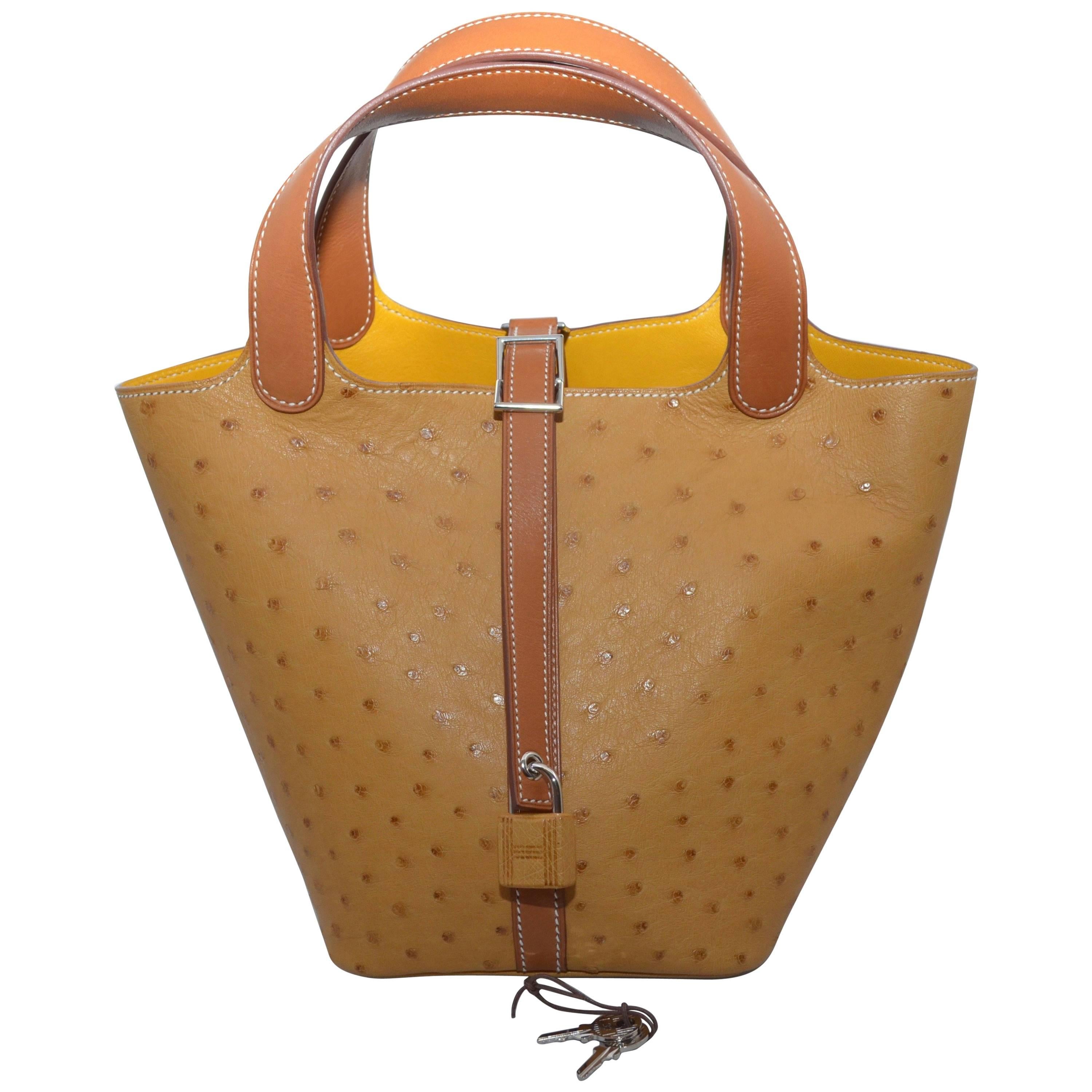 HERMÈS Ostrich Picotin Lock PM handbag in Pearl Gray with