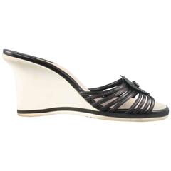 CHANEL Size 8 Black & White Leather Camellia Wedge Sandals