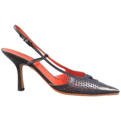 Used CHANEL Size 7.5 Navy Perforated Leather Slingback Pumps