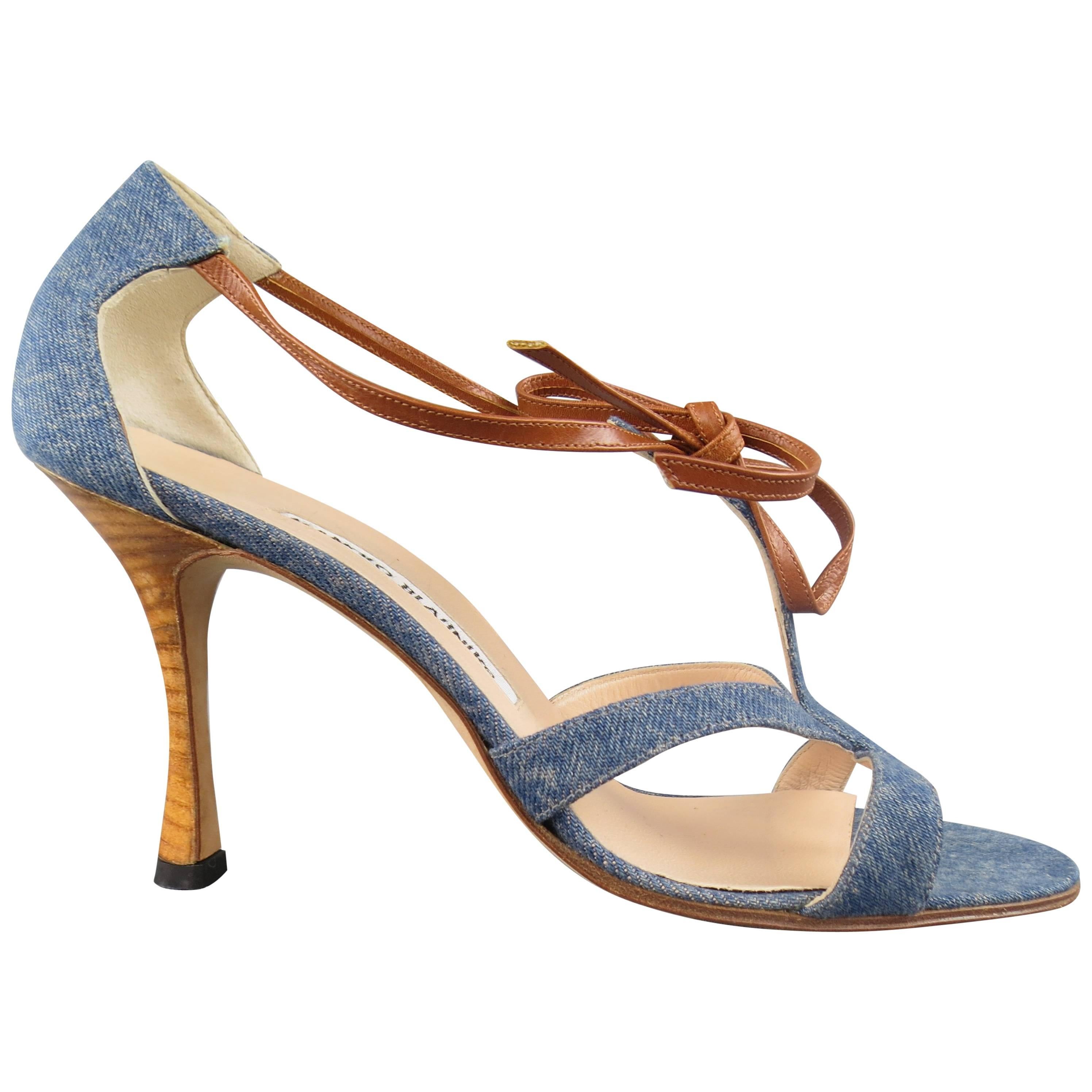 MANOLO BLAHNIK Size 8 Blue Denim & Tan Leather Strappy Sandals